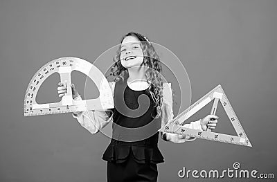 School education concept. Learn mathematics. Theorems and axioms. Smart and clever concept. Sizing and measuring. Girl Stock Photo