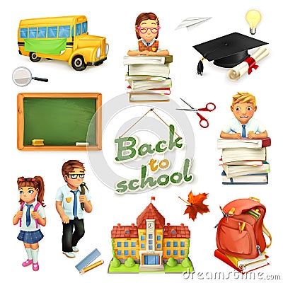 School and education. 3d vector icon set. Funny cartoon characters and objects Vector Illustration