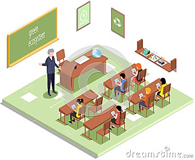 School education, e-learning process. Learning with technology, lessons in class with teacher Vector Illustration