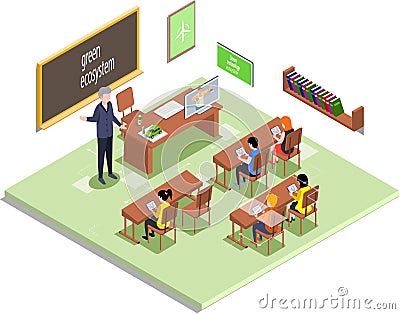 School education, e-learning process. Learning with technology, lessons in class with teacher Vector Illustration