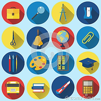School and Education Flat Icons with long shadow Vector Illustration