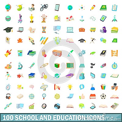 100 school and education icons set, cartoon style Vector Illustration