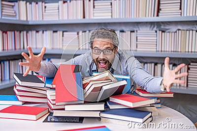 school education and knowledge. bookworm teacher at lesson or exam. man book lover in library. school teacher brainstorm Stock Photo