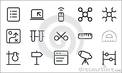 School education line icons. linear set. quality vector line set such as abacus, text editor, flask, telescope, strategy, ruler, Vector Illustration