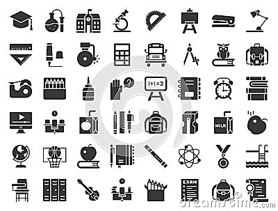 school and education related icon set, glyph design such as school bus, sharpener, chalkboard, owl, stack Vector Illustration