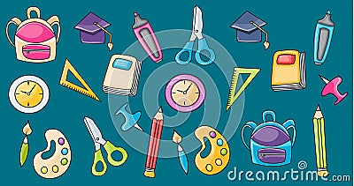 School elements clip art set in cartoon style. Vector Illustration