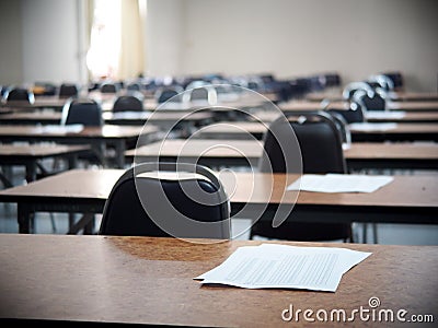 School empty cold exam class room desk and chair Stock Photo