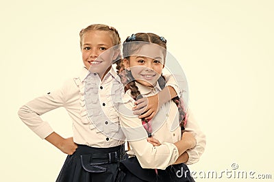 School fashion concept. Be bright. School friendship. Sisterhood relationship and soulmates. On same wave. Schoolgirls Stock Photo