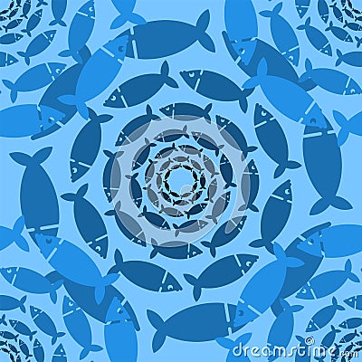 School of fish circular pattern seamless. Fishes swarm circle background. Baby fabric texture Vector Illustration