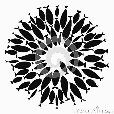 School of fish. A group of silhouette fish swim in a circle. Marine life. Vector illustration. Tattoo. Logo fishes. Vector Illustration