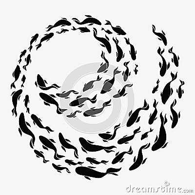 School of fish. A group of silhouette fish swim in a circle. Marine life. Vector illustration. Tattoo. Logo fishes. Vector Illustration