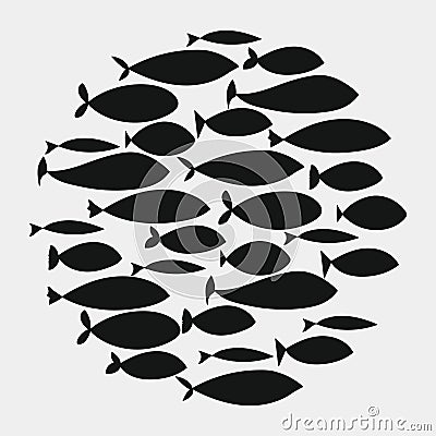 School of fish. A group of silhouette fish swim in a circle. Marine life. Vector illustration. Tattoo. Logo fishes. Vector Illustration