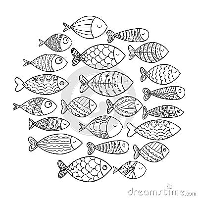 School of fish. A group of stylized fish swimming in a circle. Black and white fish for children with ornaments. Marine Vector Illustration