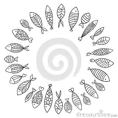 School of fish. A group of stylized fish swimming in a circle. Black and white fish for children with ornaments. Marine Vector Illustration