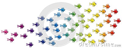 School Of Fish Rainbow Colored Swimming Comic Group Vector Illustration