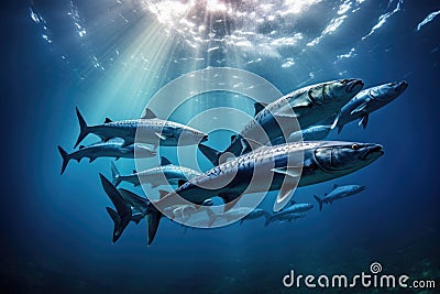 A school of fish swimming gracefully in the clear blue ocean., School of Barracuda swimming in the Red Sea, Egypt, Africa, AI Stock Photo