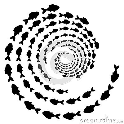 School of fish. Swirl, vortex of sea animal, fishes silhouettes. Vector Illustration