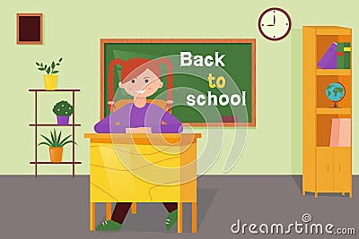 school, school flat illustration, a girl sits at a desk against the background of a blackboard?. Cartoon Illustration