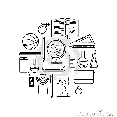 School flat line icons in round composition. Stock Photo