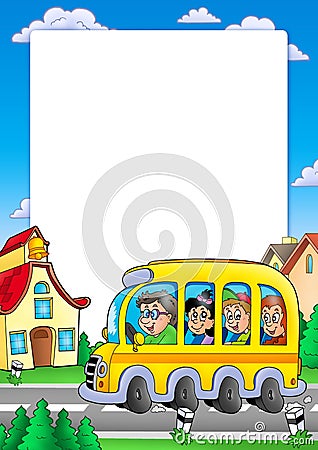 School frame with bus and kids Cartoon Illustration