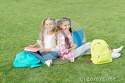 School friends girls study outdoors, informal education concept Stock Photo