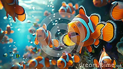 A school of funky clownfish sporting the latest trend tiedye scales and bejeweled fins as they pose for the cameras on Stock Photo