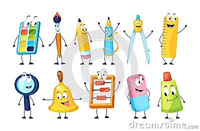 School funny office supplies characters. School stationery mascots with smile faces compass, book, marker, pen, backpack, eraser Vector Illustration