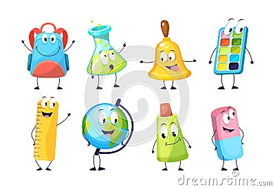 School funny office supplies characters. School stationery mascots with smile faces compass, book, marker, pen, backpack, eraser Vector Illustration