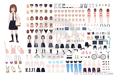 School girl constructor or DIY kit. Set of young female character body parts, facial expressions, uniform isolated on Vector Illustration