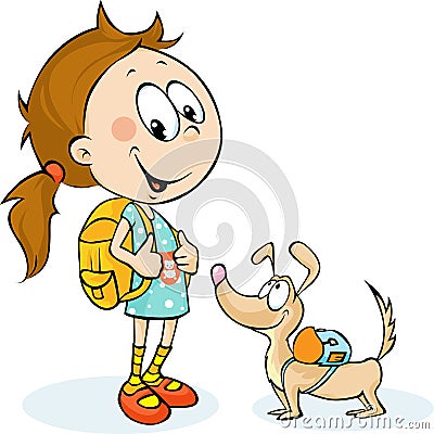 School girl and dog with schoolbag - vector Vector Illustration