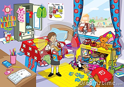 School girl in her untidy bedroom Stock Photo