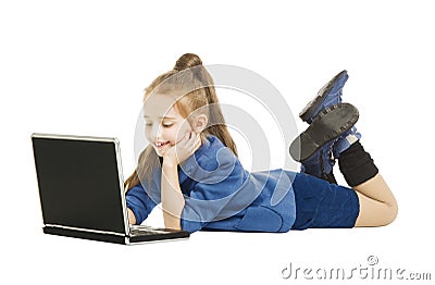 School Girl Kid looking at Computer. Schoolgirl wi Stock Photo