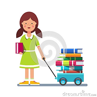 School girl pulling wagon cart with pile of books Vector Illustration