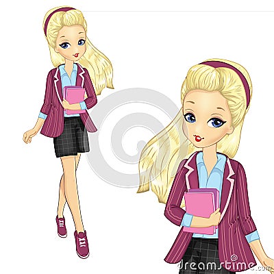 School Girl In Striped Jacket Vector Illustration