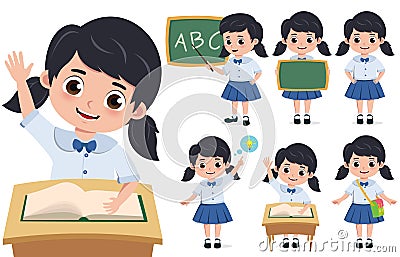 School girl student character vector set. Back to school elementary kid characters sitting in desk. Vector Illustration