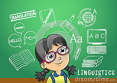 School girl write linguistics sign object in school blackboard Vector Illustration