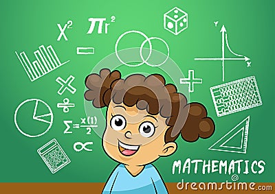 School girl write math sign object in school blackboard Vector Illustration