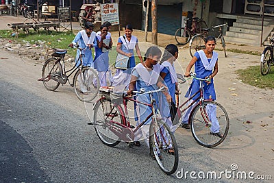 School girls going their homes from city to village Editorial Stock Photo