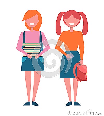 School Girls with Pile of Books in Hands Rucksack Vector Illustration