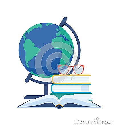 School globe and books. Back to school concept. Classroom earth model on stand. Sphere map of continent and ocean. Geography Vector Illustration