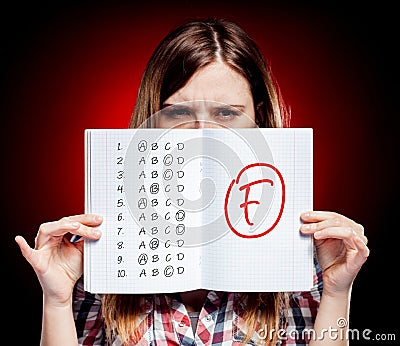 School grade of exam and disappointed girl Stock Photo