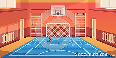 School gym. Gymnasium basketball court and campus soccer arena. Comfortable hall for active games and sport exercises Vector Illustration