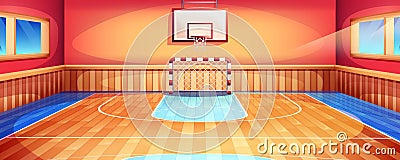 School gym interior with gymnasium basketball court and football goal Vector Illustration