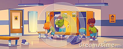 School gym locker room with kids changing uniform Vector Illustration