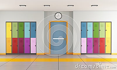 School hallway with student lockers Stock Photo