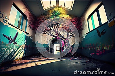 school or hospital, with graffiti art adding a touch of color and life to the facilities Stock Photo