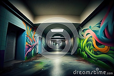 school or hospital, with graffiti art adding a touch of color and life to the facilities Stock Photo