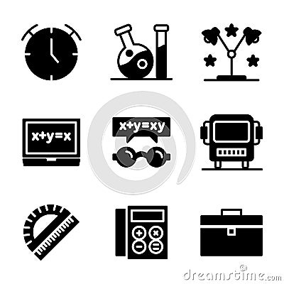 School icon set include clock,laboratory,lamp,mathematics,glasses,bus,ruler,calculator,suitcase Vector Illustration