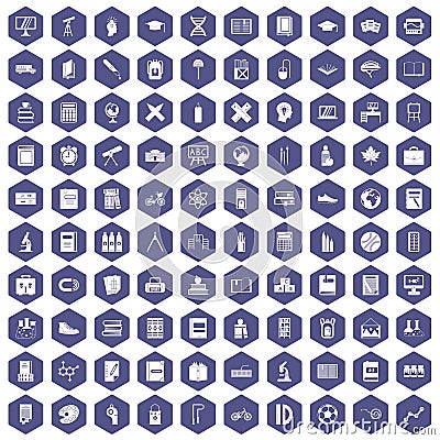 100 school icons hexagon purple Vector Illustration