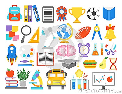 School icons on green cutting mat.Paper cut cartoon education supplies set in trendy craft style. Modern origami Vector Illustration